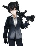  10s 1girl alternate_costume artist_name black_eyes black_hair contrapposto ergot expressionless formal gloves gun holding holding_gun holding_weapon jewelry kaga_(kantai_collection) kantai_collection looking_at_viewer necklace serious shirt side_ponytail suit weapon white_background 
