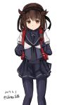  10s 1girl 2017 backpack bag black_bodysuit black_neckerchief black_sailor_collar black_skirt bodysuit brown_hair celestea_tera cowboy_shot dated hair_flaps hairband hatsuzuki_(kantai_collection) headband highres kantai_collection looking_down neckerchief pleated_skirt randoseru school_uniform serafuku short_hair simple_background skirt solo twitter_username white_background yellow_eyes 