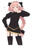  1boy :p blush braid fate/apocrypha fate/grand_order fate_(series) garter_straps hair_ribbon hand_on_hip highres kei_(soundcross) long_hair male_focus pink_hair ribbon rider_of_black single_braid solo thigh-highs tongue tongue_out v violet_eyes 