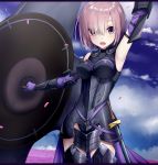  1girl :d armor armored_dress commentary_request elbow_gloves eyebrows_visible_through_hair fate/grand_order fate_(series) gloves hair_over_one_eye hand_up heavens_thunder_(byakuya-part2) looking_at_viewer open_mouth purple_hair sheath sheathed shield shielder_(fate/grand_order) short_hair smile solo sword vambraces violet_eyes weapon 