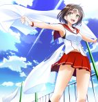  1girl :d armpits bed_sheet black_legwear blush breasts brown_hair clouds condensation_trail day from_below green_eyes highres holding kneehighs looking_away medium_breasts navel open_mouth original outdoors outstretched_arms pleated_skirt railing red_skirt sailor_collar shirt short_hair skirt sky sleeveless sleeveless_shirt smile solo spread_arms standing suzuki-shi white_shirt 