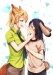  2girls animal_ears ayase_eli black_pants blonde_hair blue_eyes blue_necktie blush breasts brown_eyes bunny_tail diagonal_stripes fox_ears fox_tail green_shirt grey_shirt hand_on_another&#039;s_face height_difference highres lilylion26 long_hair looking_at_another looking_at_viewer love_live! love_live!_school_idol_project medium_breasts motion_lines multiple_girls nail_polish necktie open_mouth pants pink_nails profile purple_hair rabbit_ears shirt short_hair short_sleeves sonoda_umi standing striped striped_necktie tail white_background wing_collar yuri 