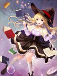  1girl :d absurdres black_dress black_shoes blonde_hair book bottle breasts brown_eyes cleavage clock dew_(7302235) dress hat highres index_finger_raised long_hair looking_at_viewer open_mouth papers shoes smile solo stopwatch wand watch white_legwear witch witch_hat 