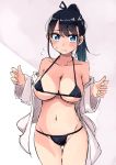  1girl bikini black_hair blue_eyes breasts collarbone commentary_request gluteal_fold hair_ribbon highres large_breasts long_hair long_sleeves looking_at_viewer original ponytail ribbon rucchiifu shirt sketch solo standing string_bikini swimsuit thigh_gap white_shirt 