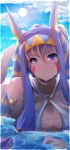  &gt;:&lt; 1girl alternate_costume animal_ears bangs blue_sky breasts choker cleavage closed_mouth collarbone dark_skin day earrings egyptian facial_mark fate/grand_order fate_(series) foreshortening hairband highres hoop_earrings jewelry large_breasts long_hair looking_at_viewer lying multicolored_hair nitocris_(fate/grand_order) o-ring_top on_stomach orange_hair outdoors partially_submerged purple_hair sidelocks sky solo sun sunlight sweat the_pose two-tone_hair very_long_hair violet_eyes wadakazu 