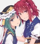  2girls asa_(coco) asymmetrical_hair bangs blue_eyes blue_vest blush breasts from_side green_hair grin hair_bobbles hair_ornament hat japanese_clothes long_sleeves looking_to_the_side medium_breasts multiple_girls obi onozuka_komachi parted_lips puffy_short_sleeves puffy_sleeves red_eyes redhead sash shiki_eiki short_sleeves sidelocks smile touhou two_side_up upper_body vest 