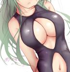  10s 1girl arms_behind_back artist_signature bare_arms bikini black_bikini breasts cleavage_cutout close-up dutch_angle franz_(217franz) green_hair head_out_of_frame kantai_collection large_breasts long_hair navel navel_cutout one-piece_swimsuit shiny shiny_clothes simple_background solo swimsuit twitter_username white_background yamakaze_(kantai_collection) 