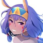  1girl animal_ears bangs blush dark_skin earrings facial_mark fate/grand_order fate_(series) hairband hoop_earrings jewelry long_hair looking_at_viewer nitocris_(fate/grand_order) parted_lips portrait purple_hair sidelocks smile solo violet_eyes wadakazu 