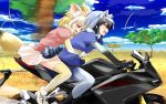  2girls animal_ears black_hair blonde_hair blue_sky blush clouds common_raccoon_(kemono_friends) day fang fennec_(kemono_friends) fox_ears fox_tail gradient_hair ground_vehicle highres hug hug_from_behind kemono_friends motor_vehicle motorcycle multicolored_hair multiple_girls multiple_riders open_mouth pantyhose pink_sweater pleated_skirt puffy_short_sleeves puffy_sleeves raccoon_ears raccoon_tail riding savannah short_hair short_sleeve_sweater short_sleeves skirt sky smile suzuki-shi sweater tail thigh-highs tree two-tone_hair white_hair 