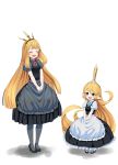  2girls :d ^_^ absurdly_long_hair apron aqua_ribbon bangs black_apron black_dress black_legwear black_shirt black_shoes blue_eyes blunt_bangs blush cagliostro_(granblue_fantasy) charlotta_(granblue_fantasy) closed_eyes commentary_request crown dress frilled_apron frills full_body granblue_fantasy hairband harbin height_difference high_heels long_hair mary_janes multiple_girls neck_ribbon o_(rakkasei) open_mouth own_hands_together pigeon-toed pointy_ears puffy_short_sleeves puffy_sleeves red_ribbon ribbon shirt shoes short_sleeves simple_background smile spaghetti_strap standing v_arms very_long_hair waist_apron waitress white_apron white_background white_legwear white_shirt 