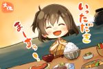  10s 1girl ^_^ ^o^ artist_name brown_eyes brown_hair chopsticks closed_eyes food hair_between_eyes highres hiryuu_(kantai_collection) japanese_clothes kantai_collection kimono one_side_up orange_kimono rice short_hair smile solo taisa_(kari) translation_request 