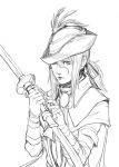  cape eyes feathers gloves greyscale hat hat_feather highres leather leather_gloves less looking_at_viewer monochrome pirate pirate_hat ponytail scar scar_across_eye serious simple_background sword turtleneck weapon white_background 