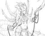  1girl armor chaos_(warhammer) demon_horns dragon_tail ember_(khornette_quest) greyscale highres horns less looking_to_the_side monochrome navel pauldrons pointy_ears ponytail serious skull tail warhammer_40k 