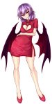  1girl alternate_breast_size bat_wings breasts china_dress chinese_clothes cleavage cleavage_cutout dress fangs head_tilt heart_cutout highres large_breasts light_blush looking_at_viewer older pointy_ears purple_hair red_eyes remilia_scarlet short_dress short_hair solo touhou white_background wings zeramu 