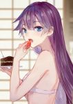  1girl bakemonogatari bare_shoulders blue_eyes blurry blurry_background bra cake commentary eyebrows_visible_through_hair food fork from_side fruit highres long_hair looking_at_viewer monogatari_(series) ookamisama open_mouth purple_hair senjougahara_hitagi solo strawberry underwear underwear_only upper_body 
