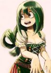  1girl :d asui_tsuyu boku_no_hero_academia breasts cleavage corset dress frog_girl green_hair highres long_hair open_mouth puffy_short_sleeves puffy_sleeves reita420 short_sleeves simple_background smile solo teeth white_background 