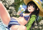  1girl :d absurdres bangs bikini black_hair blue_bikini blue_eyes blue_sky blush braid breasts clouds cloudy_sky collarbone day drink drinking_straw dutch_angle eyebrows_visible_through_hair green_jacket hat highres huge_filesize jacket long_hair looking_at_viewer medium_breasts navel open_clothes open_jacket open_mouth original outdoors palm_tree partially_submerged rock scan side_braid sitting sky smile solo straw_hat striped striped_bikini swimsuit teeth tree unasaka_ryou 