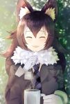  1girl ancolatte_(onikuanco) animal_ears black_hair blush closed_eyes eyebrows_visible_through_hair facing_viewer fang grey_wolf_(kemono_friends) highres kemono_friends long_hair necktie parted_lips smile solo upper_body wolf_ears 