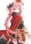  1boy absurdres ass braid crown fang fate/apocrypha fate/grand_order fate_(series) garter_straps gauntlets hair_ribbon highres long_hair looking_back male_focus open_mouth pink_hair ribbon rider_of_black single_braid smile thigh-highs violet_eyes 