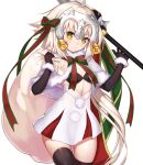  1girl ahoge bell black_legwear blush bow eyebrows_visible_through_hair fate/grand_order fate_(series) green_bow green_ribbon hair_bow hoshi_usagi jeanne_alter jeanne_alter_(santa_lily)_(fate) looking_at_viewer ribbon ruler_(fate/apocrypha) solo thigh-highs white_hair yellow_eyes 