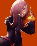  1girl little_witch_academia looking_at_viewer medium_hair mool_yuegang parted_lips red_background red_eyes smile solo sucy_manbavaran teeth upper_body 