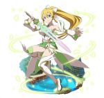  1girl blonde_hair boots braid breasts choker cleavage detached_sleeves floating_hair full_body green_eyes green_legwear hair_between_eyes hair_ribbon high_ponytail holding holding_sword holding_weapon leafa long_hair looking_at_viewer medium_breasts pointy_ears ribbon simple_background smile solo sword sword_art_online thigh-highs thigh_boots twin_braids very_long_hair weapon white_background white_boots white_ribbon 