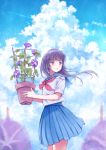  1girl bangs blue_eyes blue_skirt blue_sky closed_mouth clouds cloudy_sky commentary_request eyebrows_visible_through_hair flower flower_pot holding holding_flower long_sleeves looking_to_the_side morning_glory nagidango neckerchief original outdoors pleated_skirt purple_hair red_neckerchief school_uniform serafuku shirt short_sleeves skirt sky solo standing white_shirt wind 