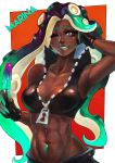 1girl ;) abs absurdres armpits breasts cleavage crop_top dark_skin eyebrows eyelashes eyeshadow fang fingerless_gloves food gloves green_eyes green_hair green_lipstick hand_behind_head highres lipstick long_hair makeup marina_(splatoon) medium_breasts midriff mole mole_under_mouth monori_rogue multicolored multicolored_eyes multicolored_hair navel navel_piercing octarian one_eye_closed piercing pink_eyes popped_collar popsicle purple_hair smile solo splatoon splatoon_2 tentacle_hair upper_body zipper