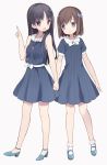  2girls bangs black_hair blue_bow blue_dress blue_eyes blue_shoes bow brown_hair dress eyebrows_visible_through_hair full_body hair_bow hand_holding highres itsumi_(itumiyuo) jewelry long_hair looking_at_another mary_janes multiple_girls necklace onjouji_toki open_mouth saki saki_achiga-hen shimizudani_ryuuka shoes simple_background smile striped striped_bow striped_dress tareme violet_eyes white_background 