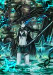  1girl absurdres arm_behind_back belt black_bikini_top black_coat black_hair black_rock_shooter black_rock_shooter_(character) black_shorts blue_eyes burning_eye chains floating_hair front-tie_bikini front-tie_top hair_between_eyes highres holding holding_sword holding_weapon long_sword midriff navel open_mouth scar short_shorts shorts solo standing star stomach sword twintails unzipped violet_eyes wading weapon 