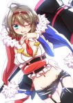  1girl akazukin_(mary_skelter) alternate_costume blush brown_hair coat fur_trim green_eyes hair_ornament hammer hat looking_at_viewer mary_skelter mizunashi_(second_run) navel one_eye_closed open_mouth short_hair solo 