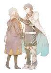  1boy 1girl blue_hair book boots cloak female_my_unit_(fire_emblem:_kakusei) fire_emblem fire_emblem:_kakusei flower hair_flower hair_ornament holding holding_book krom my_unit_(fire_emblem:_kakusei) pauldrons simple_background smile white_background white_hair 