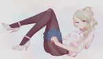  1girl black_legwear blouse blue_eyes breasts casual denim denim_shorts diana_cavendish full_body green_hair high_heels highres legs little_witch_academia looking_at_viewer lying maredoro on_back pantyhose ponytail short_sleeves shorts shorts_pull simple_background smile solo white_background 