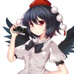 1girl binan_xian_lu black_bow black_hair bow breasts camera hat holding holding_camera large_breasts looking_away parted_lips puffy_sleeves red_eyes shameimaru_aya short_hair solo tokin_hat touhou upper_body wings 