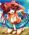  1girl :d absurdres animal_ears arm_support bad_id bad_yandere_id bare_shoulders barefoot bikini blue_eyes blue_sky blush bracelet breasts cat_ears cleavage crab day erect_nipples feet fisheye flower frilled_bikini frills front-tie_top hair_flower hair_ornament hairclip hibiscus highres innertube jewelry kneeling large_breasts long_hair looking_at_viewer open_mouth pink_hair plaid salute sky smile solo strap_gap swimsuit toes tomose_shunsaku twintails 