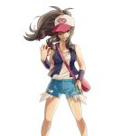  1girl black_hair blue_shorts breasts collarbone denim denim_shorts floating_hair green_eyes hand_on_hip hat_over_one_eye highres holding holding_poke_ball kamihitoe long_hair looking_at_viewer medium_breasts open_mouth poke_ball pokemon pokemon_(game) pokemon_bw ponytail shirt short_shorts shorts simple_background solo standing torn_clothes torn_shorts touko_(pokemon) visor_cap white_background white_shirt wrist_cuffs 