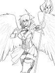  1girl angel angel_wings armor cape corset feathered_wings feathers glasses gloves greyscale highres horn leg_armor less looking_at_viewer monochrome open_clothes open_mouth open_skirt pointy_ears short_hair short_shorts shorts simple_background skirt solo staff weapon white_background wings 