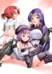  3girls ass bare_shoulders black_legwear blush book boudica_(fate/grand_order) breasts fate/grand_order fate_(series) green_eyes hat helena_blavatsky_(fate/grand_order) highres holding holding_book huge_breasts large_breasts long_hair looking_at_viewer minamoto_no_raikou_(fate/grand_order) multiple_girls open_mouth purple_hair redhead sezoku short_hair short_ponytail smile thigh-highs violet_eyes 