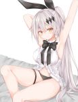  1girl absurdres armpits arms_up bed blush breasts earrings five-seven_(girls_frontline) girls_frontline hair_ornament hair_ribbon highres jewelry large_breasts long_hair looking_at_viewer navel panties ponytail ribbon silver_hair smile solo underwear very_long_hair yellow_eyes 
