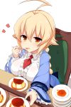  1girl :o ahoge bangs blazblue blonde_hair braid breast_rest breasts caramel center_frills chair collared_shirt commentary creme_caramel dessert eating es_(xblaze) expressionless food frilled_sleeves frills from_above hair_between_eyes hair_flaps highres holding holding_spoon huge_ahoge large_breasts long_hair long_sleeves looking_at_viewer necktie ocha_(ochappie) orange_eyes outstretched_arm plate plate_stack pudding red_necktie shadow shirt sidelocks simple_background single_braid sitting solo spoon white_background white_shirt xblaze xblaze_code:_embryo 