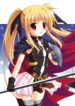  1girl :d belt black_gloves black_legwear black_leotard black_ribbon blonde_hair blush breasts cape cowboy_shot endori eyebrows_visible_through_hair fate_testarossa floating_hair gloves hair_ribbon highres holding holding_weapon leotard long_hair looking_at_viewer lyrical_nanoha open_mouth pink_skirt pleated_skirt polearm red_eyes ribbon sideboob simple_background skirt small_breasts smile solo standing thigh-highs twintails very_long_hair weapon white_background 
