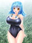  1girl arms_behind_head blue_hair blush braid breasts cleavage covered_navel curvy hair_ribbon highres huge_breasts kogarashi_(wind_of_winter) long_hair looking_at_viewer medium_hair one-piece_swimsuit open_mouth original school_swimsuit smile solo standing sweat swimsuit thick_thighs thighs wide_hips yellow_eyes 