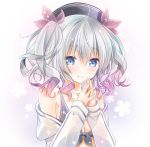  10s 1girl black_bikini_top blue_eyes blush commentary_request front-tie_bikini front-tie_top grey_hair hat interlocked_fingers kantai_collection kashima_(kantai_collection) kurun_(kurun777) long_sleeves own_hands_together smile solo twintails upper_body 