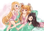  3girls animal_ears arms_up arulumaya barefoot bed_sheet black_hair blonde_hair blue_eyes blush braid brown_eyes brown_hair camisole charlotta_(granblue_fantasy) collarbone double_bun flat_chest granblue_fantasy hair_bun hair_ornament highres holding jewelry kneeling legs long_hair lying makira_(granblue_fantasy) multiple_girls no_pants on_stomach open_mouth pointy_ears shi_ecchi sitting smile strap_slip toes twin_braids 