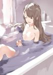  1girl akiha_(attract) bangs bathing bathroom blush brown_hair closed_eyes collarbone eyebrows_visible_through_hair fingers_together flat_chest highres indoors long_hair no_nipples open_mouth original own_hands_together smile solo 
