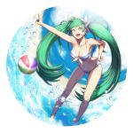  1girl :d ball banajune bare_shoulders beachball bikini breasts collarbone commentary_request green_eyes green_hair hair_ribbon hairband hatsune_miku headphones headset leaning_forward long_hair medium_breasts navel open_mouth revision ribbon smile solo splashing standing striped striped_bikini swimsuit teeth twintails very_long_hair vocaloid wading water water_drop 