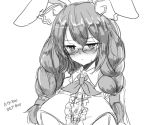  1girl :/ animal_ears bangs blush braid breasts buttons closed_mouth commentary_request efukei eyebrows_visible_through_hair frills glasses greyscale large_breasts long_hair monochrome nose_blush rabbit_ears seiran_(touhou) simple_background solo sweat touhou twin_braids upper_body white_background yu-gi-oh! 