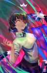  1girl breastplate brown_hair glowing glowing_eye godsh0t looking_at_viewer mask multicolored multicolored_background niijima_makoto persona persona_5 school_uniform short_hair smile solo transformation upper_body yellow_eyes 