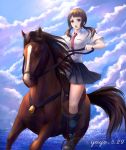  1girl artist_name bell black_legwear black_skirt breast_pocket brown_eyes brown_hair clouds collared_shirt commentary dated day highres horizon horse horseback_riding lens_flare necktie ocean okita_sawa open_mouth pantyhose pocket red_necktie riding sabure saddle school_uniform shirt shoes short_sleeves skirt sky solo tari_tari twintails uniform white_shirt yoyo_(pixiv8435088) 