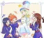  5girls alternate_costume annoyed arms_behind_back artist_request band_uniform barbara_(little_witch_academia) black_hair blonde_hair blue_eyes blush brown_hair closed_eyes commentary_request diana_cavendish excited flying_sweatdrops glasses hands_on_own_cheeks hands_on_own_face hanna_(little_witch_academia) kagari_atsuko little_witch_academia long_hair multiple_girls one_eye_closed opaque_glasses orange_hair ponytail presenting red_eyes round_glasses short_hair smile wavy_hair 